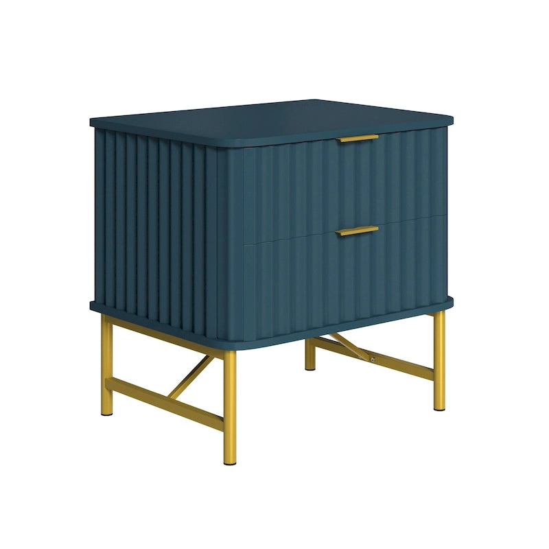 Modern MDF Nightstand with 2 Drawers, Gold Metal Legs and Geometric Ribbed Front, Multi-Color