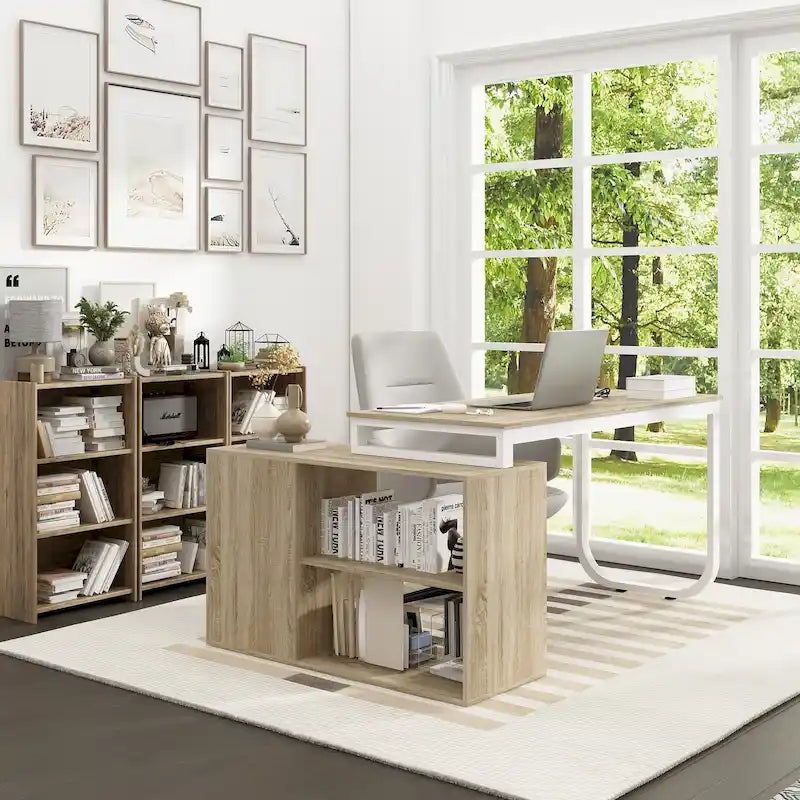 L-Shaped Executive Desk with 3 Drawers and 2 Open Shelves for Home and Office, Multi-Color