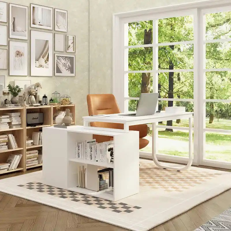 L-Shaped Executive Desk with 3 Drawers and 2 Open Shelves for Home and Office, Multi-Color
