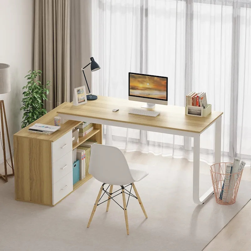 L-Shaped Executive Desk with 3 Drawers and 2 Open Shelves for Home and Office, Multi-Color