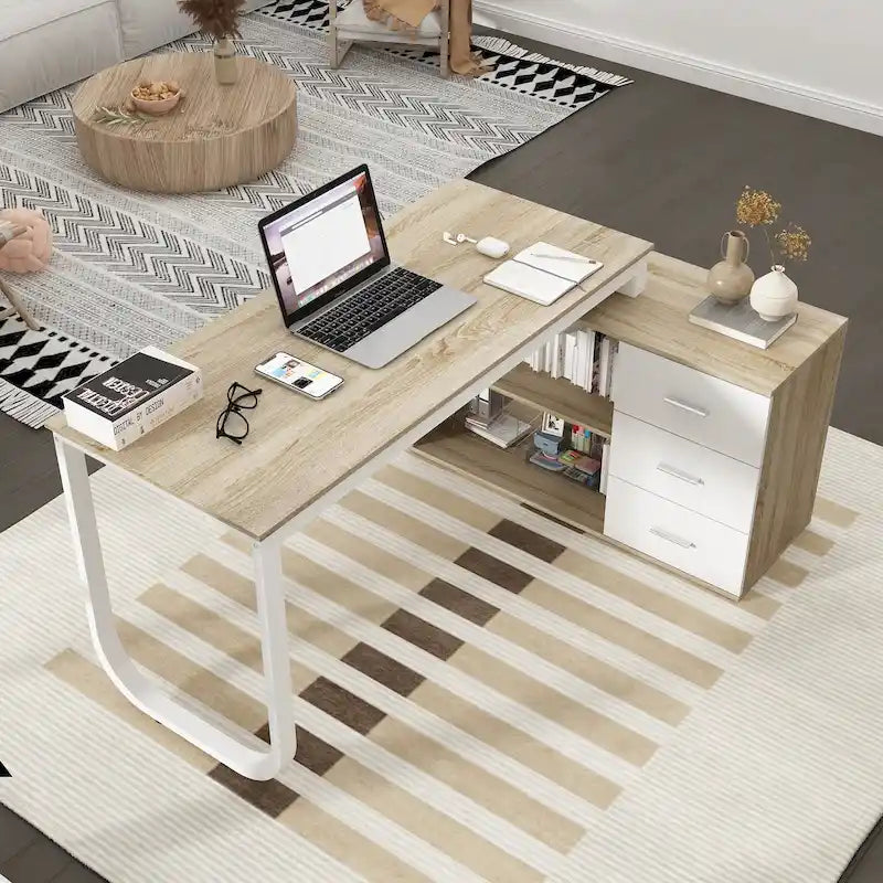 L-Shaped Executive Desk with 3 Drawers and 2 Open Shelves for Home and Office, Multi-Color