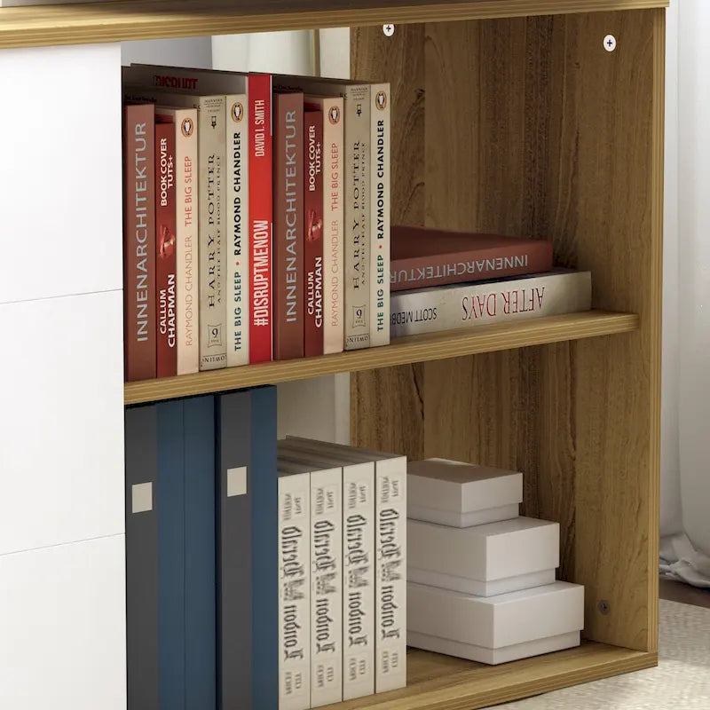 L-Shaped Executive Desk with 3 Drawers and 2 Open Shelves for Home and Office, Multi-Color