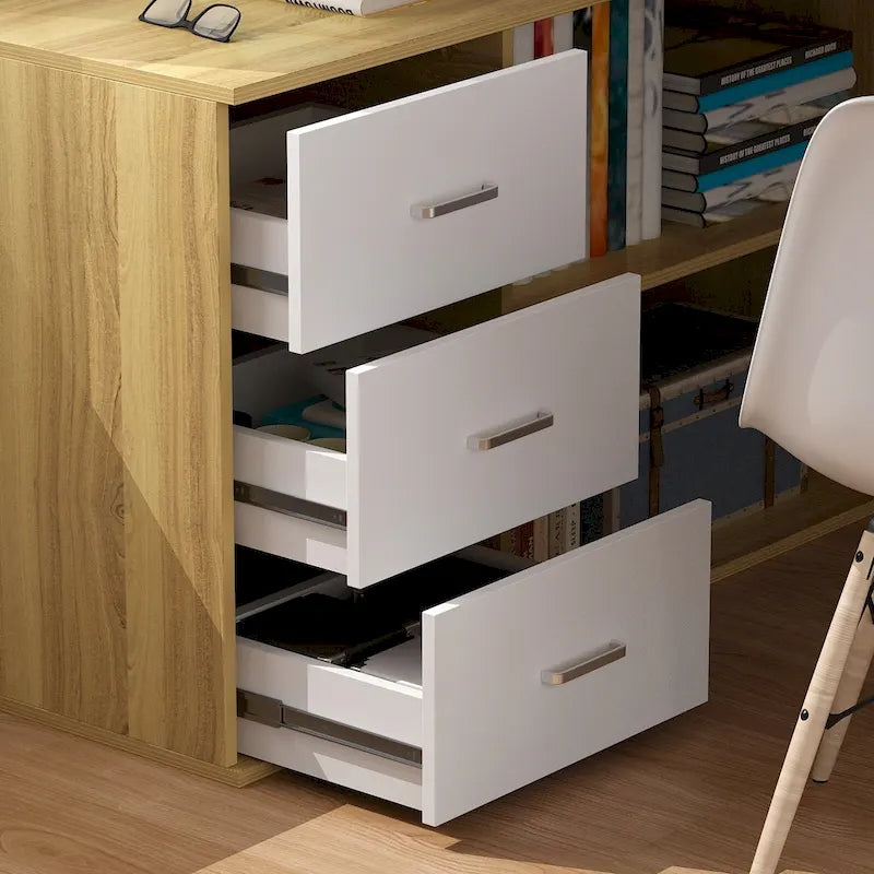 L-Shaped Executive Desk with 3 Drawers and 2 Open Shelves for Home and Office, Multi-Color