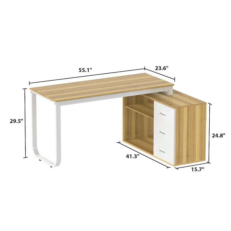 L-Shaped Executive Desk with 3 Drawers and 2 Open Shelves for Home and Office, Multi-Color