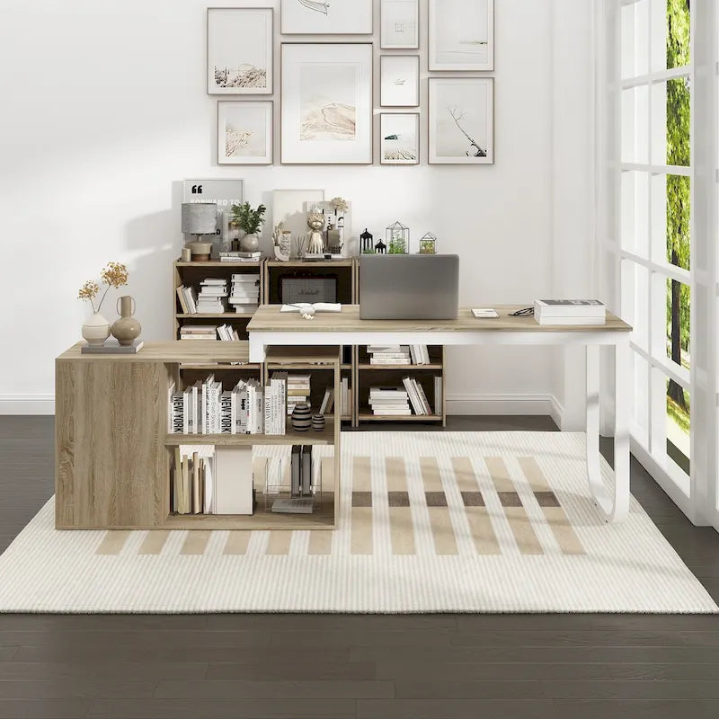L-Shaped Executive Desk with 3 Drawers and 2 Open Shelves for Home and Office, Multi-Color