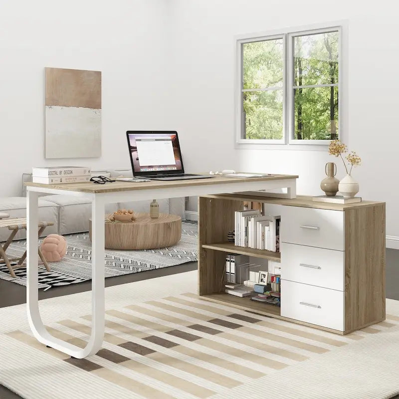 L-Shaped Executive Desk with 3 Drawers and 2 Open Shelves for Home and Office, Multi-Color