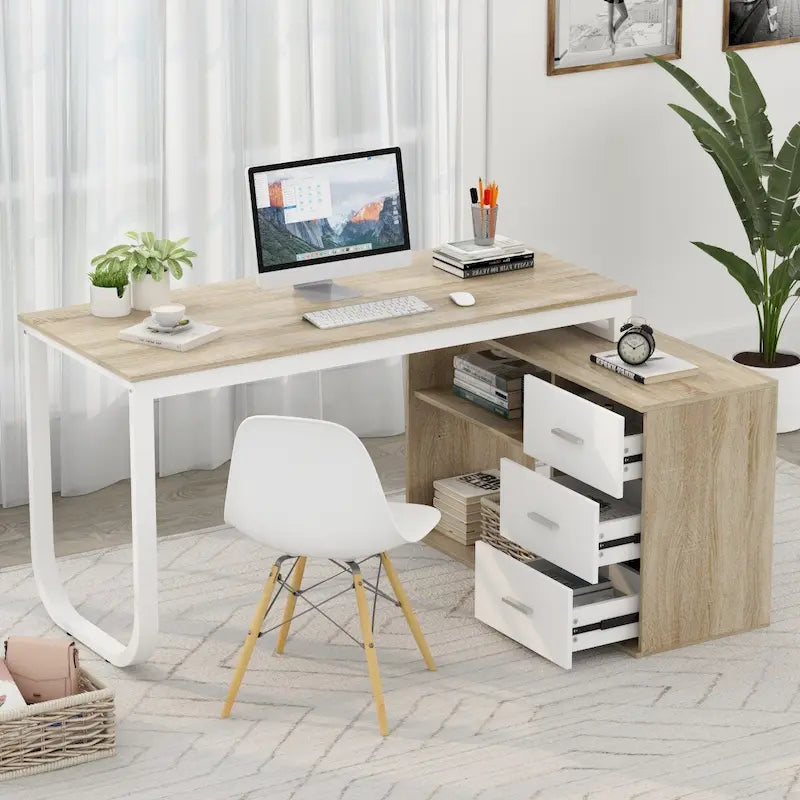 L-Shaped Executive Desk with 3 Drawers and 2 Open Shelves for Home and Office, Multi-Color