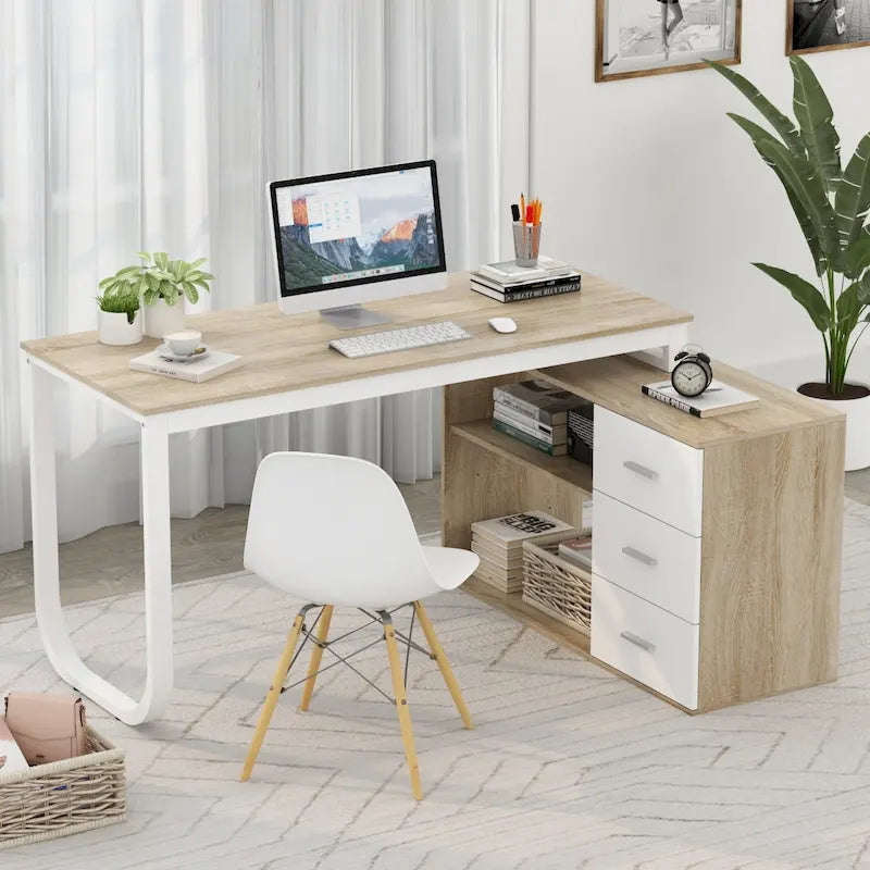 L-Shaped Executive Desk with 3 Drawers and 2 Open Shelves for Home and Office, Multi-Color