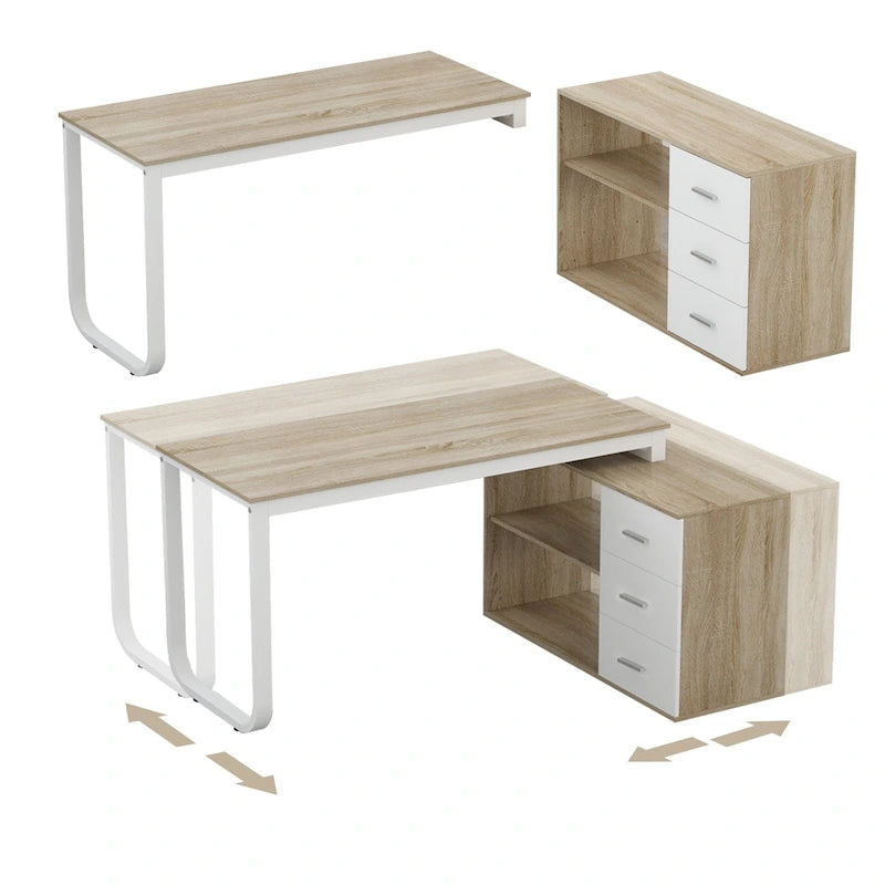 L-Shaped Executive Desk with 3 Drawers and 2 Open Shelves for Home and Office, Multi-Color
