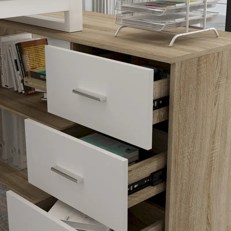 L-Shaped Executive Desk with 3 Drawers and 2 Open Shelves for Home and Office, Multi-Color