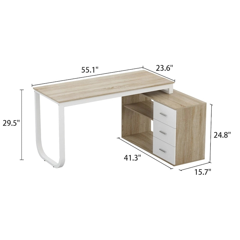 L-Shaped Executive Desk with 3 Drawers and 2 Open Shelves for Home and Office, Multi-Color