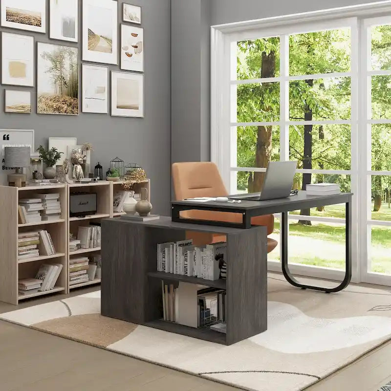 L-Shaped Executive Desk with 3 Drawers and 2 Open Shelves for Home and Office, Multi-Color