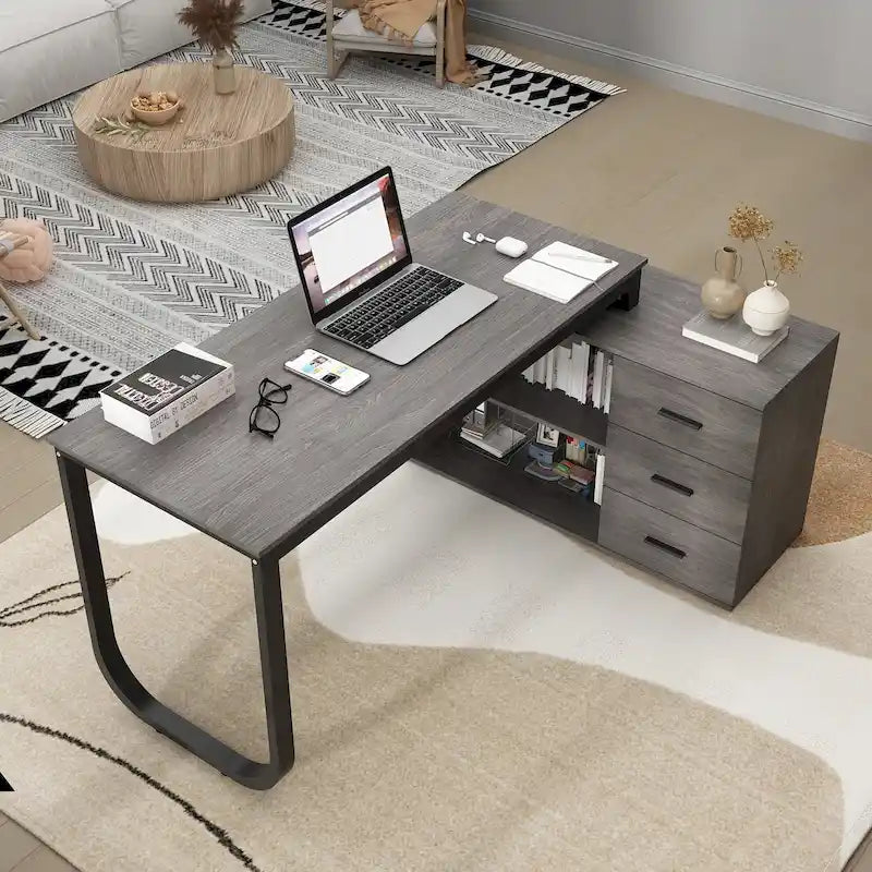 L-Shaped Executive Desk with 3 Drawers and 2 Open Shelves for Home and Office, Multi-Color