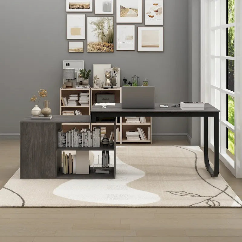 L-Shaped Executive Desk with 3 Drawers and 2 Open Shelves for Home and Office, Multi-Color