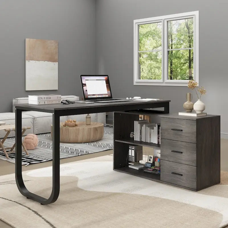 L-Shaped Executive Desk with 3 Drawers and 2 Open Shelves for Home and Office, Multi-Color