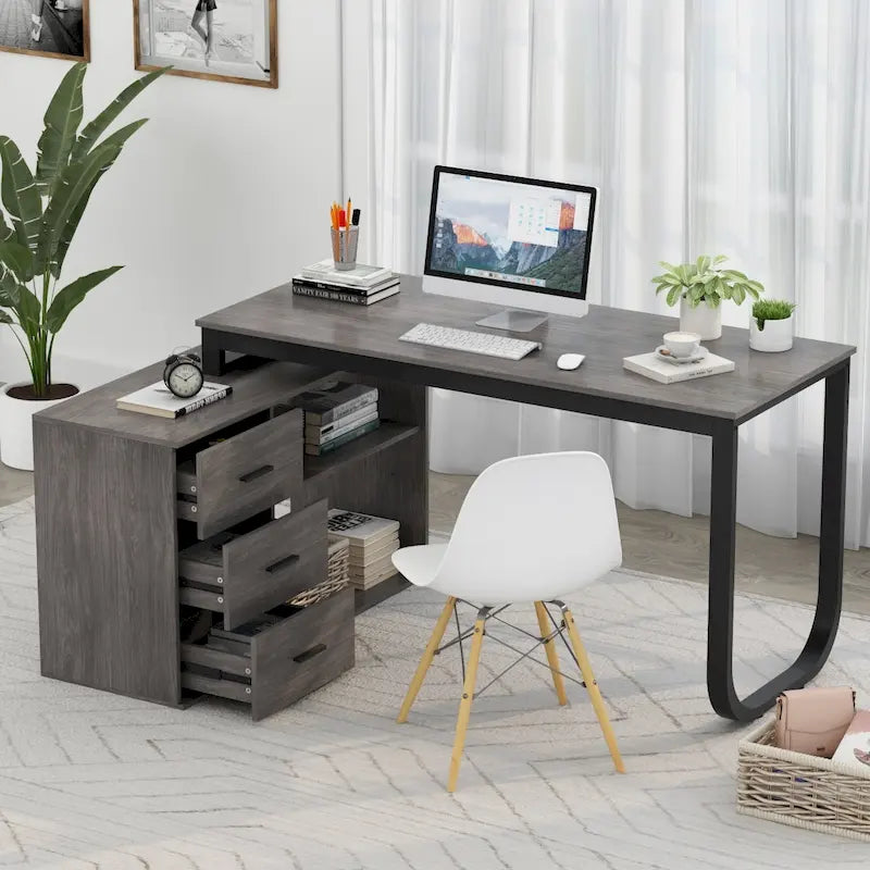 L-Shaped Executive Desk with 3 Drawers and 2 Open Shelves for Home and Office, Multi-Color