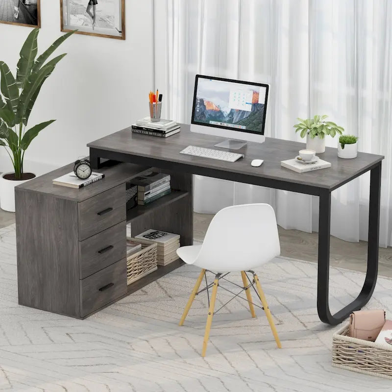 L-Shaped Executive Desk with 3 Drawers and 2 Open Shelves for Home and Office, Multi-Color
