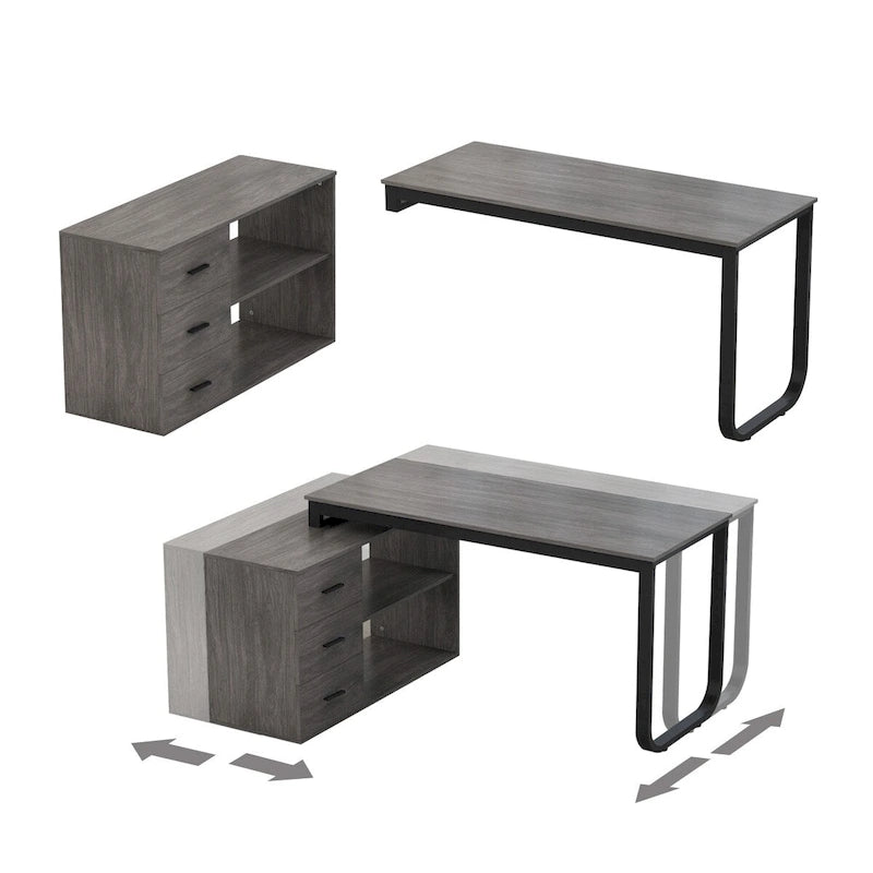 L-Shaped Executive Desk with 3 Drawers and 2 Open Shelves for Home and Office, Multi-Color
