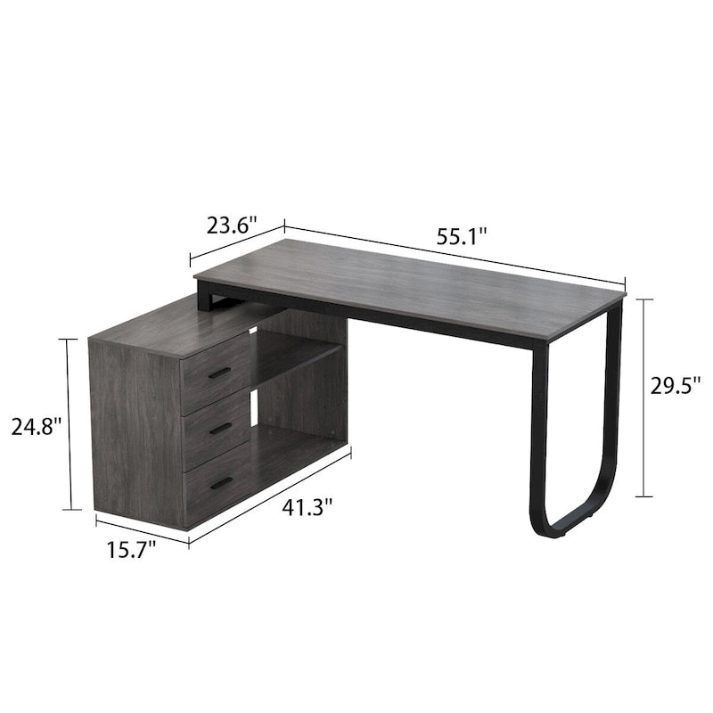 L-Shaped Executive Desk with 3 Drawers and 2 Open Shelves for Home and Office, Multi-Color