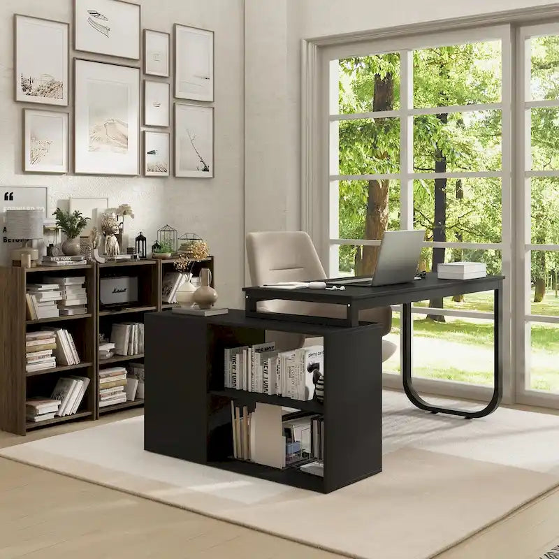 L-Shaped Executive Desk with 3 Drawers and 2 Open Shelves for Home and Office, Multi-Color