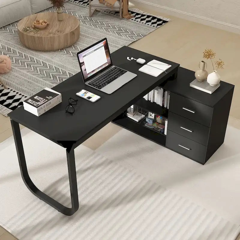 L-Shaped Executive Desk with 3 Drawers and 2 Open Shelves for Home and Office, Multi-Color