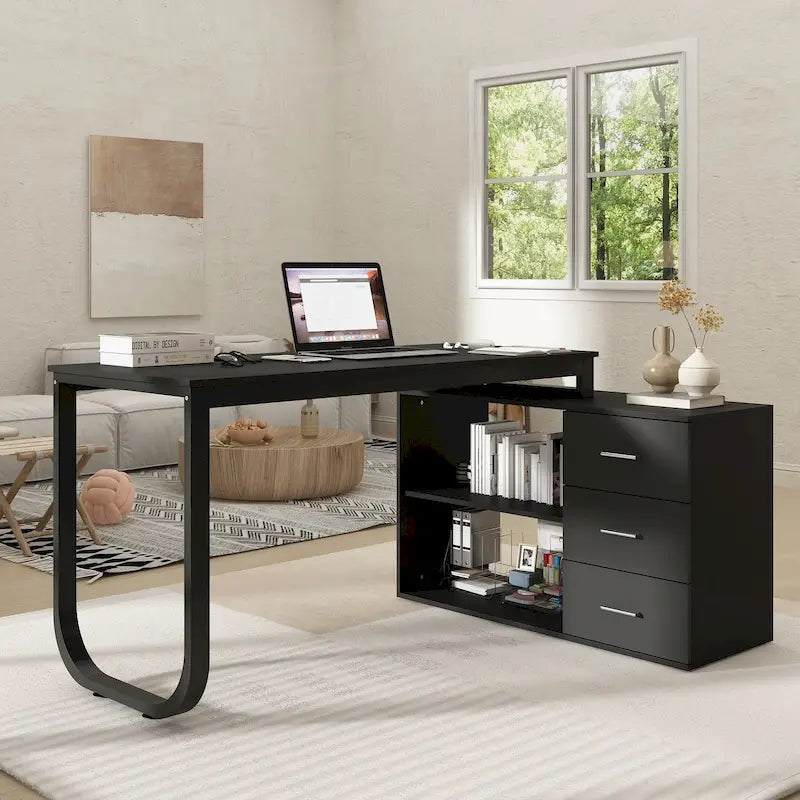 L-Shaped Executive Desk with 3 Drawers and 2 Open Shelves for Home and Office, Multi-Color