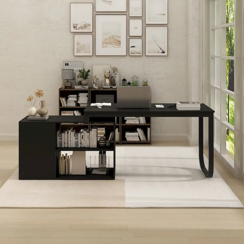 L-Shaped Executive Desk with 3 Drawers and 2 Open Shelves for Home and Office, Multi-Color
