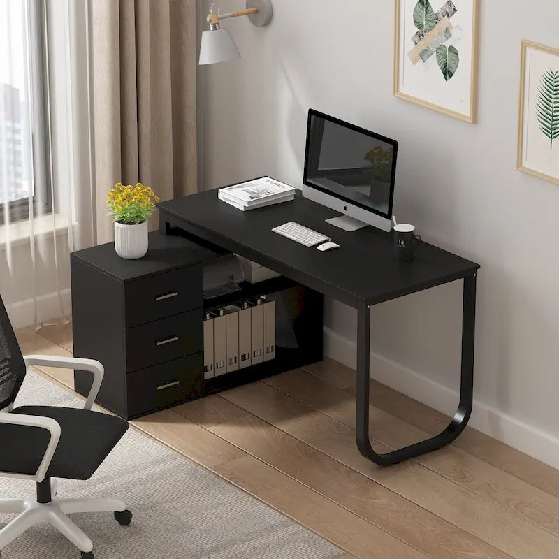 L-Shaped Executive Desk with 3 Drawers and 2 Open Shelves for Home and Office, Multi-Color