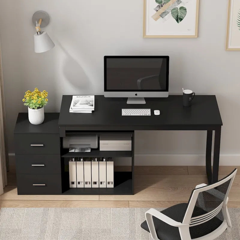 L-Shaped Executive Desk with 3 Drawers and 2 Open Shelves for Home and Office, Multi-Color