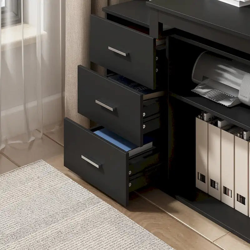 L-Shaped Executive Desk with 3 Drawers and 2 Open Shelves for Home and Office, Multi-Color