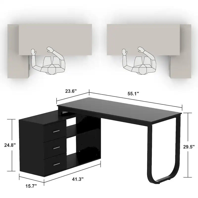 L-Shaped Executive Desk with 3 Drawers and 2 Open Shelves for Home and Office, Multi-Color