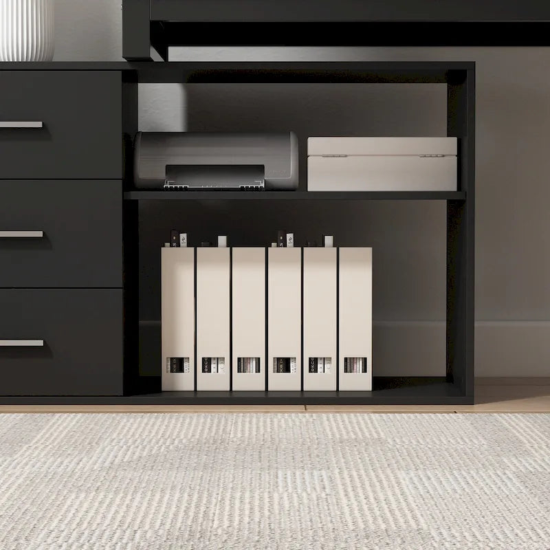 L-Shaped Executive Desk with 3 Drawers and 2 Open Shelves for Home and Office, Multi-Color