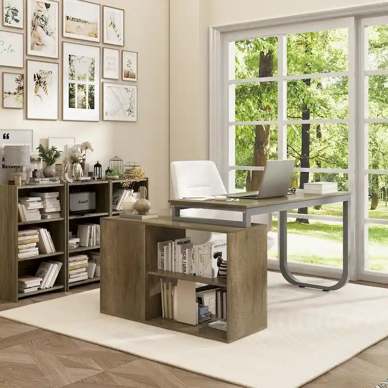 L-Shaped Executive Desk with 3 Drawers and 2 Open Shelves for Home and Office, Multi-Color