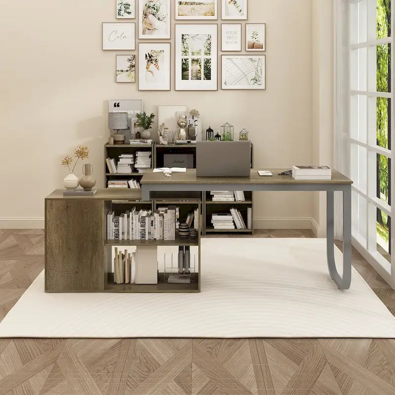 L-Shaped Executive Desk with 3 Drawers and 2 Open Shelves for Home and Office, Multi-Color