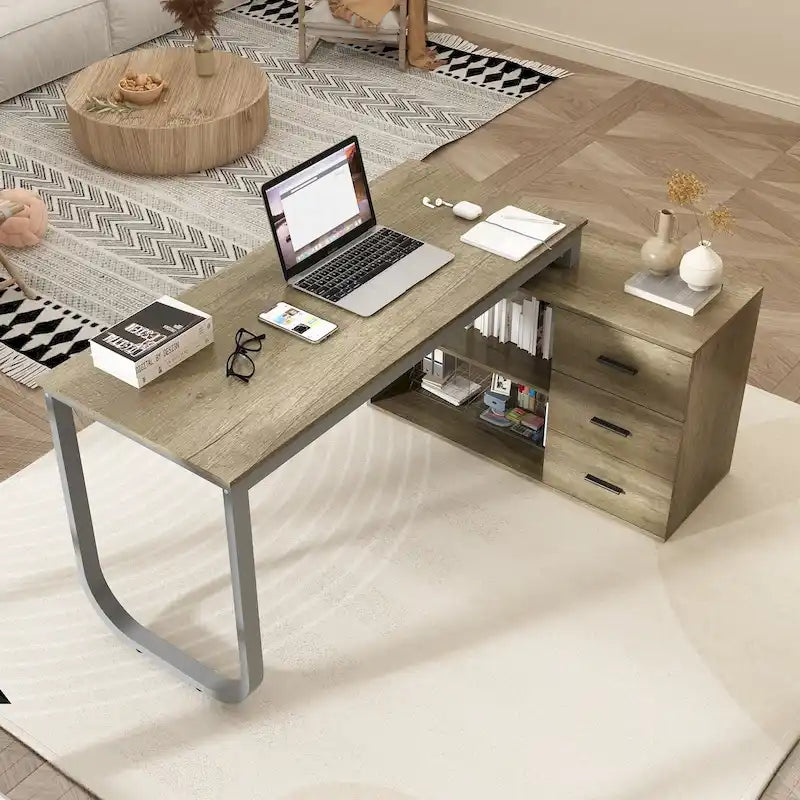 L-Shaped Executive Desk with 3 Drawers and 2 Open Shelves for Home and Office, Multi-Color