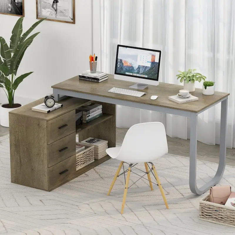 L-Shaped Executive Desk with 3 Drawers and 2 Open Shelves for Home and Office, Multi-Color
