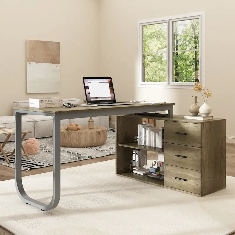 L-Shaped Executive Desk with 3 Drawers and 2 Open Shelves for Home and Office, Multi-Color