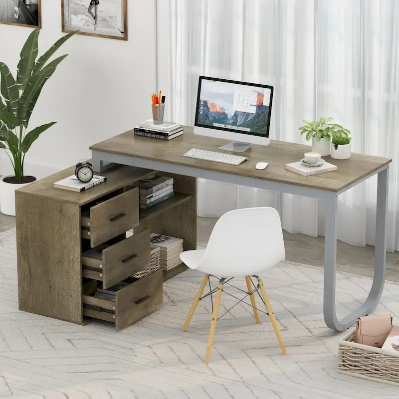 L-Shaped Executive Desk with 3 Drawers and 2 Open Shelves for Home and Office, Multi-Color