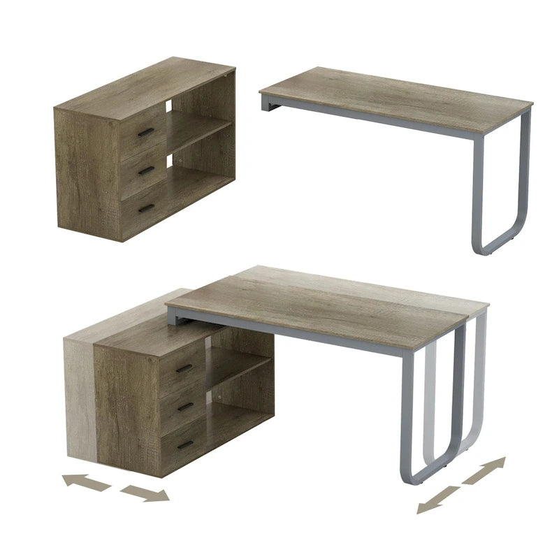 L-Shaped Executive Desk with 3 Drawers and 2 Open Shelves for Home and Office, Multi-Color
