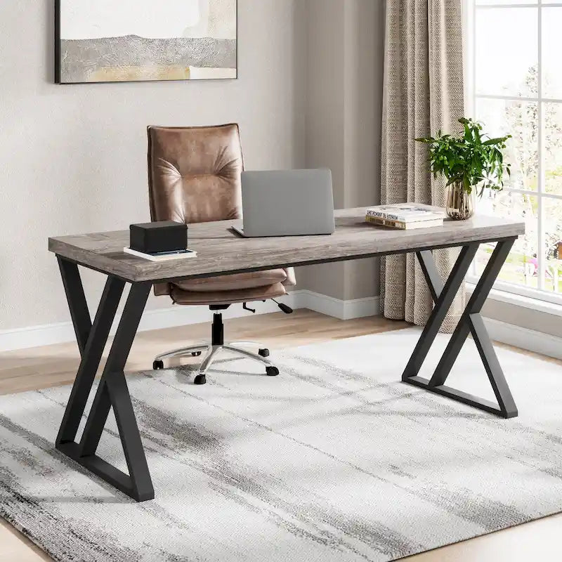 55" Industrial Computer Desk with Z-Shape Metal Legs and MDF Top, Multi-Color