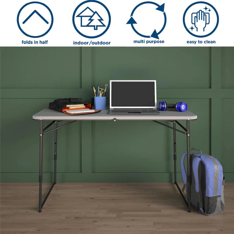 4 ft. Fold-in-Half Portable Utility Table with Adjustable Height, Indoor and Outdoor