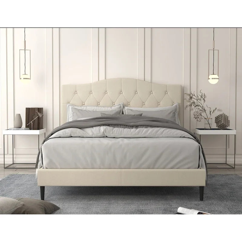 Button Tufted Camelback Upholstered Platform Bed with Foam Headboard, Multi-Color