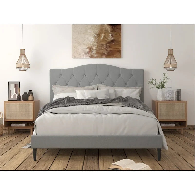 Button Tufted Camelback Upholstered Platform Bed with Foam Headboard, Multi-Color