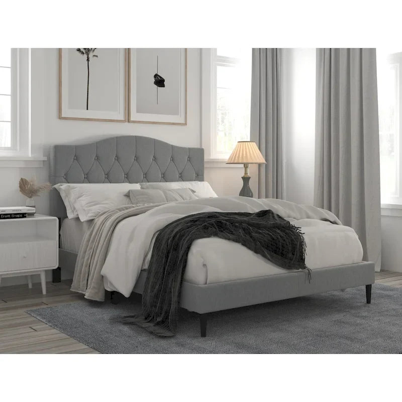 Button Tufted Camelback Upholstered Platform Bed with Foam Headboard, Multi-Color