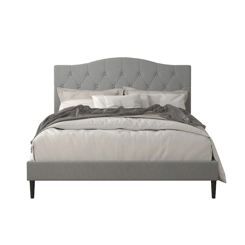 Button Tufted Camelback Upholstered Platform Bed with Foam Headboard, Multi-Color