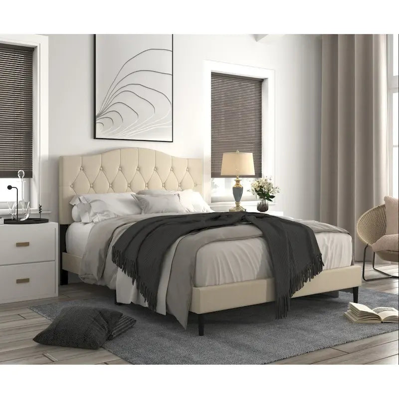 Button Tufted Camelback Upholstered Platform Bed with Foam Headboard, Multi-Color