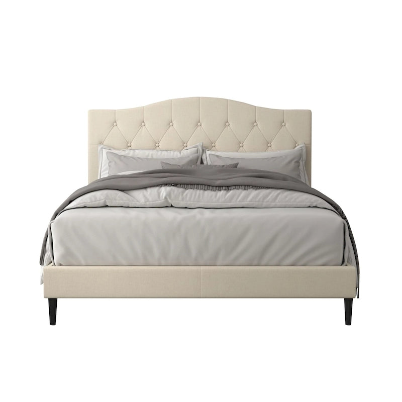 Button Tufted Camelback Upholstered Platform Bed with Foam Headboard, Multi-Color