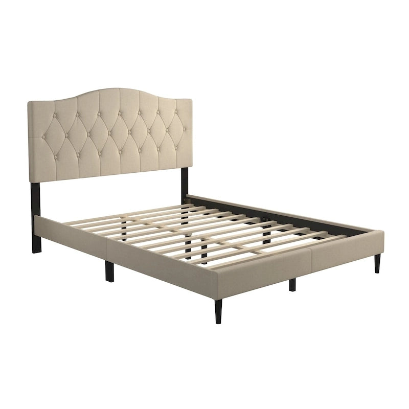 Button Tufted Camelback Upholstered Platform Bed with Foam Headboard, Multi-Color