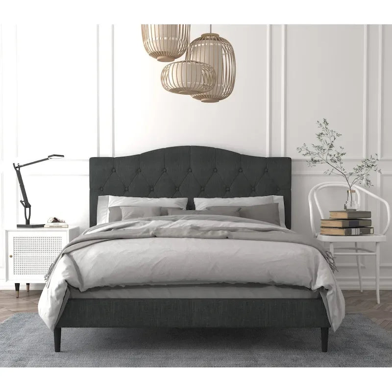 Button Tufted Camelback Upholstered Platform Bed with Foam Headboard, Multi-Color