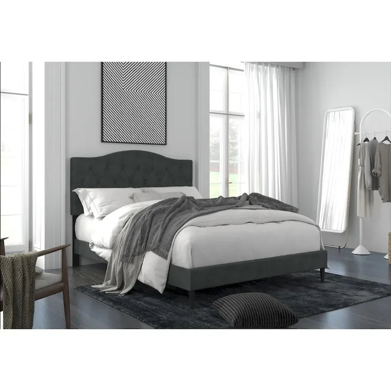 Button Tufted Camelback Upholstered Platform Bed with Foam Headboard, Multi-Color